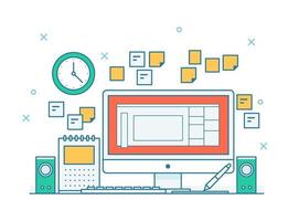 Configuración de escritorio con computadora en estilo de contorno vector