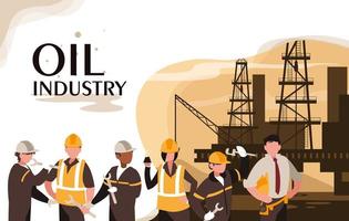 oil industry scene with marine platform and workers vector