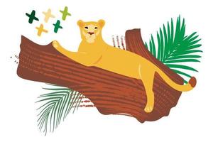 Vector hand drawn flat composition with lion on tree