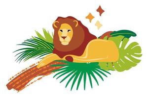 Vector hand drawn flat composition with lion and tree