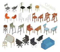 Set of isometric furniture in various chair styles. vector