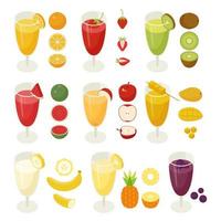 Bebidas de frutas en vasos de jugo con iconos de frutas vector