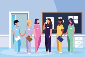 group of doctors females in hospital vector