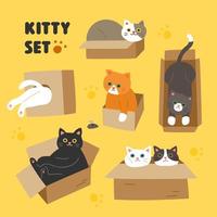 Conjunto de gatos lindos en las manos de estilo de imagen jugando en la caja. vector