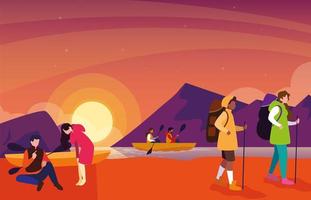 campers in beautiful landscape sunset  vector