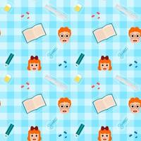 Seamless pattern school equipment list with boy and girl. vector