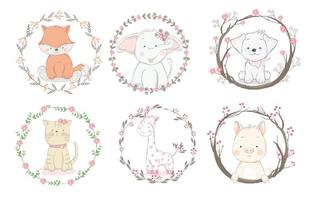 Cute Baby Animal Badges en marcos florales vector