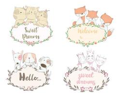 Set of Baby Animals with greetings in floral borders vector