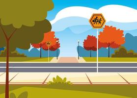 road street scene with signage pedestrian vector