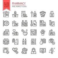 Conjunto de iconos de farmacia de línea delgada en blanco y negro vector