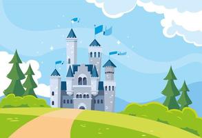 Castillo de cuento de hadas en paisaje montañoso vector