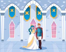 princesa y príncipe en el castillo de cuento de hadas vector
