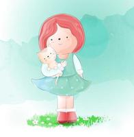 Cute girl with cat watercolor style.vector illustration vector