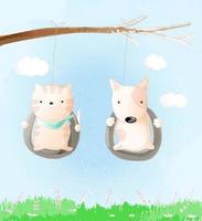 Cute baby cat and dog watercolor style.vector illustration vector