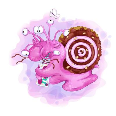 Multi-eyed cartoon snail with a shell of biscuits drinking a juice box