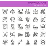 Conjunto de iconos de feliz año nuevo de delgada línea blanco y negro vector