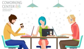 People working at table. Concept of shared working environment. vector