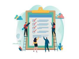 People fill out checklist on a clipboard. Flat design. vector