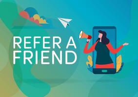 Person in smartphone using megaphone with refer a friend text vector