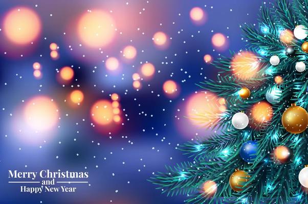 Christmas tree branches with blurred lights