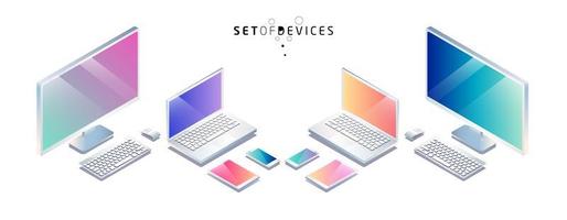 Isometric set of computer, mobile phone, tablet and laptop. vector