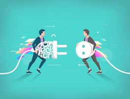 Two business man running toward each other with plug and socket vector