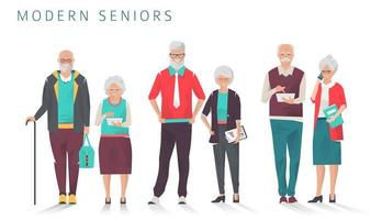 Conjunto de personas de negocios senior modernas que utilizan diferentes gadgets vector