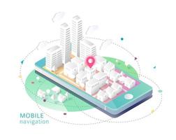 Mobile phone with city on top of it and map pin vector