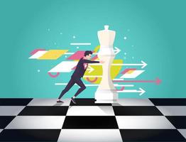 Business man moving chess piece with arrows and shapes in background vector