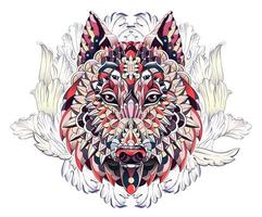 Patterned head of wolf or dog on background with acanthus leaves vector