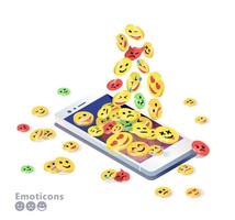 Isometric mobile phone with emoticons piling on the screen vector