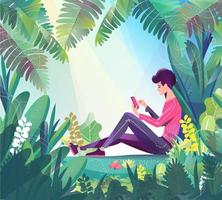 Young person sitting in park on phone and chatting. vector