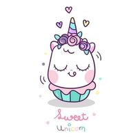 Caricatura lindo unicornio cupcake vector