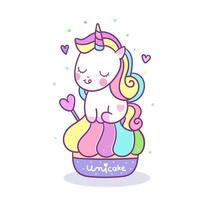 Caricatura lindo unicornio en dulce cupcake doodle vector