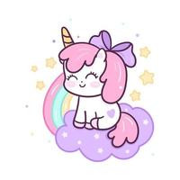 Caricatura lindo unicornio con arco iris y nube vector