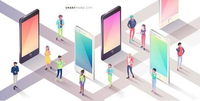 Isometric smartphone city with people standing around vector