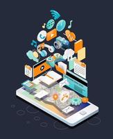 Isometric concept of smartphone with different devices and other items floating above screen vector