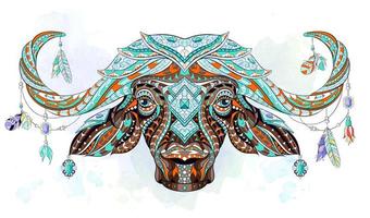 Patterned head of buffalo on watercolor background vector