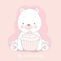 cute baby bear with cupcake  vector