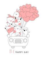 Cute baby animal with car cartoon hand drawn style vector