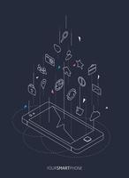 Isometric wireframe concept of smartphone with different icons floating above screen vector