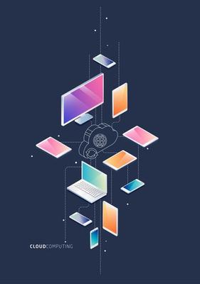 Isometric concept of cloud computing with computers, laptops and tablets