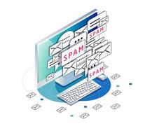 Isometric computer with spam and junk mail envelope icons crowding screen vector