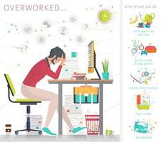 Side view of overworked man at desk surrounded by piles of paperwork and tips on how to relax vector