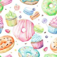 Watercolor pattern with macarons, cupcakes, donuts vector