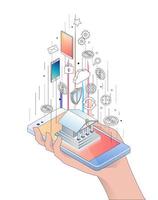 Isometric hand holding smartphone with building and mobile banking icons vector