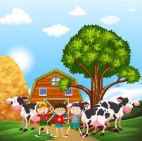 Kids and cows in the farmyard vector