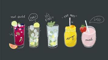 Collection of soft drinks ,healthy detox beverages, cocktails, smoothies with tasty fresh fruits vector