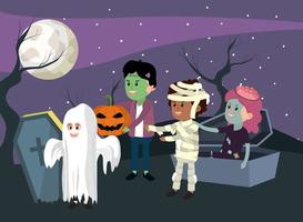 Kids in graveyard wearing Halloween costumes vector