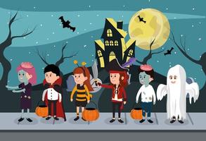 Kids in Halloween costumes vector